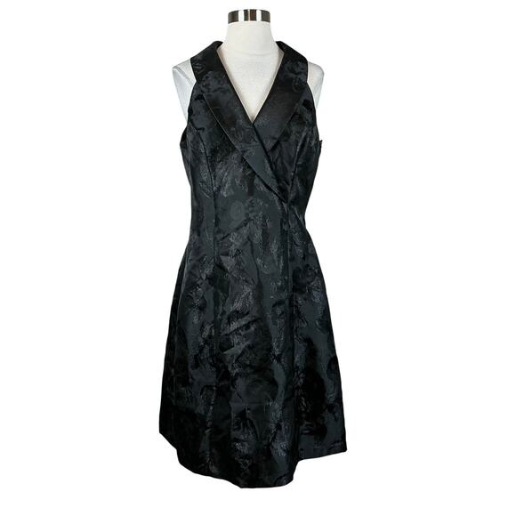 Adrianna Papell Black Tuxedo Cocktail Dress SZ 10 Metallic Floral Fit and Flare - Picture 1 of 13